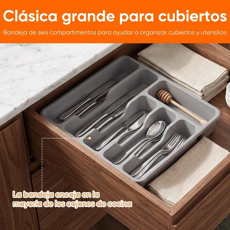ORGANIZADOR DE CUBIERTOS CON TAPA Y 6 COMPARTIMENTOS PARA COCINA - 10