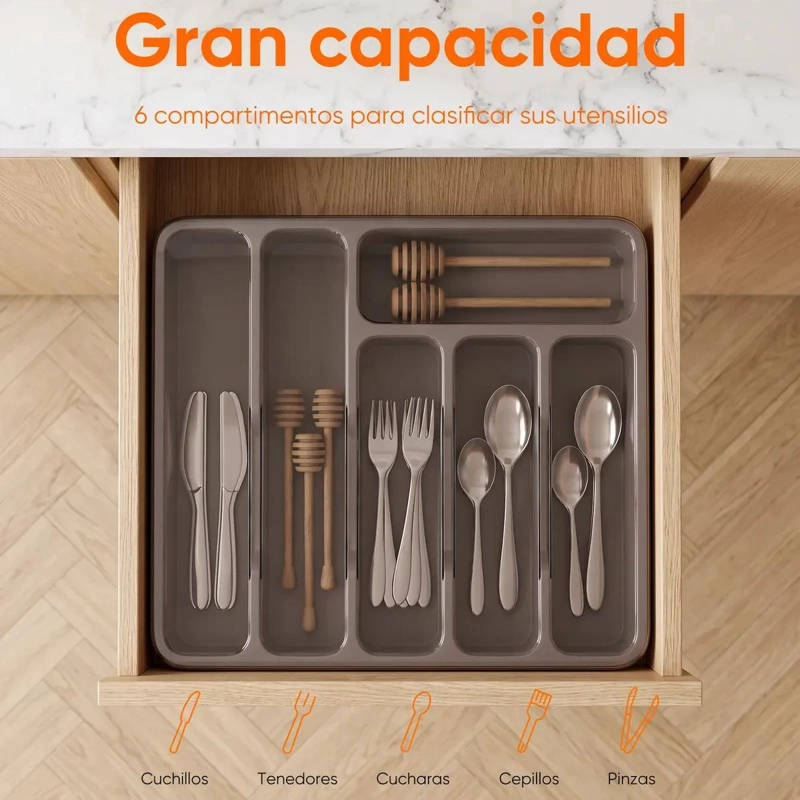 ORGANIZADOR DE CUBIERTOS CON TAPA Y 6 COMPARTIMENTOS PARA COCINA - 4