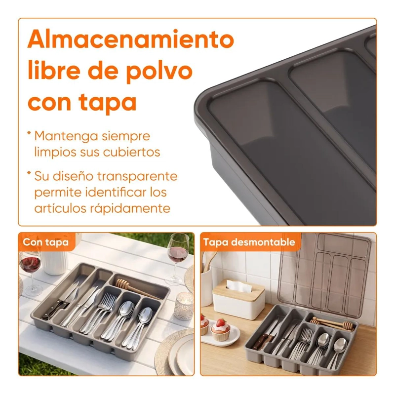 ORGANIZADOR DE CUBIERTOS CON TAPA Y 6 COMPARTIMENTOS PARA COCINA - 8