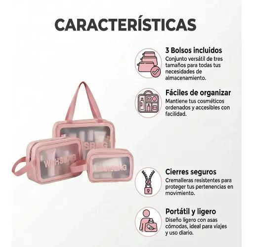 SET DE 3 ORGANIZADORES IMPERMEABLES PARA MAQUILLAJE DE VIAJE - 1