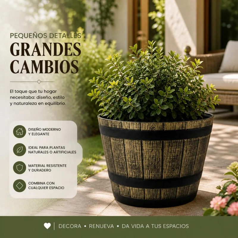 MACETERO PLASTICO EFECTO BARRIL PARA PLANTAS PEQUEÑAS - 5