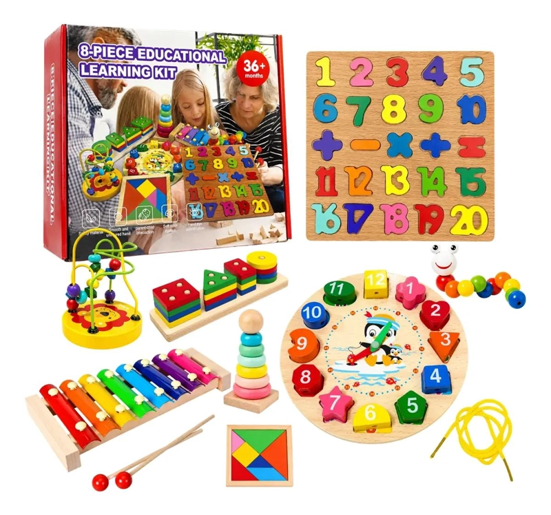 KIT MONTESSORI 8 JUEGOS DE MADERA PARA ESTIMULACION TEMPRANA - 1