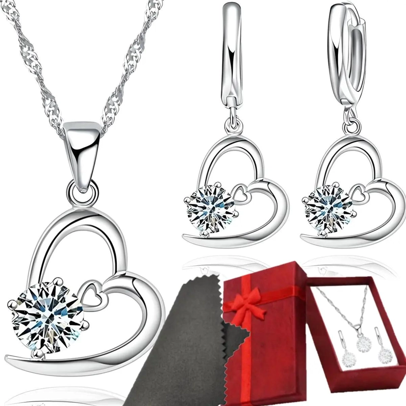 CONJUNTO DE JOYAS DE PLATA 925 CON CORAZON Y AROS ELEGANTES - 1