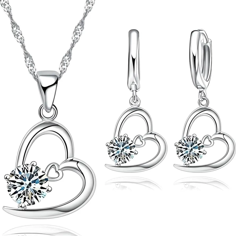 CONJUNTO DE JOYAS DE PLATA 925 CON CORAZON Y AROS ELEGANTES - 2