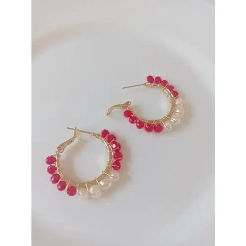 AROS ARGOLLA CON PIEDRAS ROJAS Y PERLAS DE RIO BAÑO ORO HIPOALERGE NICOS - 3