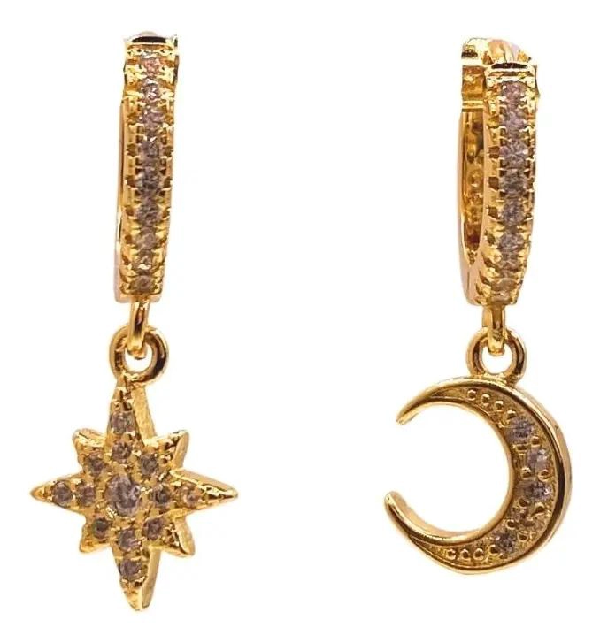 AROS DE PLATA 925 CON DIJES LUNA Y ESTRELLA BRILLANTES - 1