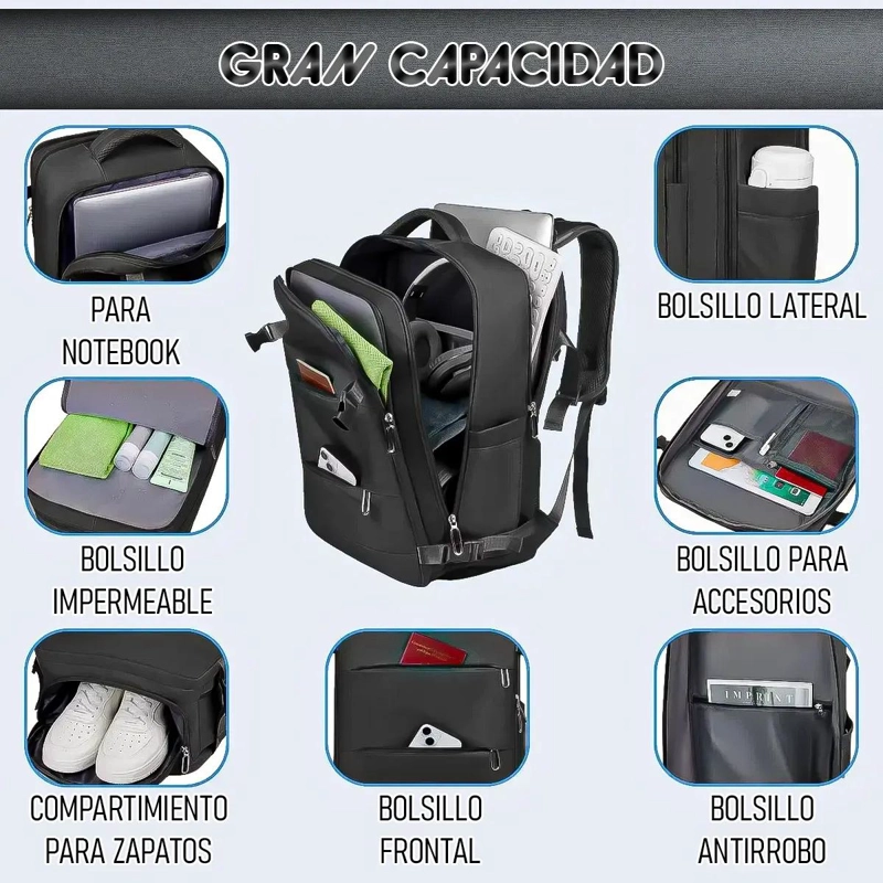 MOCHILA DE VIAJE IMPERMEABLE CON PUERTO USB Y COMPARTIMENTOS - 4
