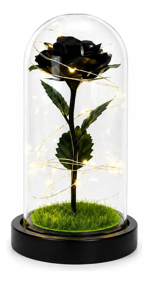 ROSA ETERNA NEGRA CON CUPULA DE VIDRIO Y LUCES LED - 1