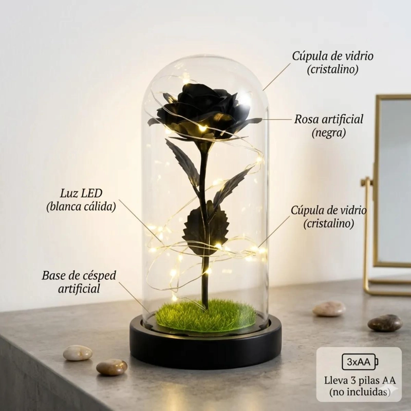 ROSA ETERNA NEGRA CON CUPULA DE VIDRIO Y LUCES LED - 2