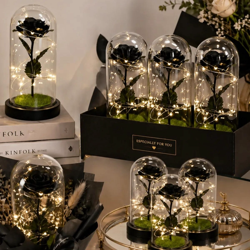 ROSA ETERNA NEGRA CON CUPULA DE VIDRIO Y LUCES LED - 8