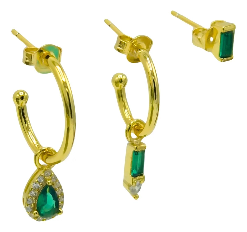 PACK DE AROS DE ZIRCONIAS VERDES BAÑADOS EN ORO 18K - 1