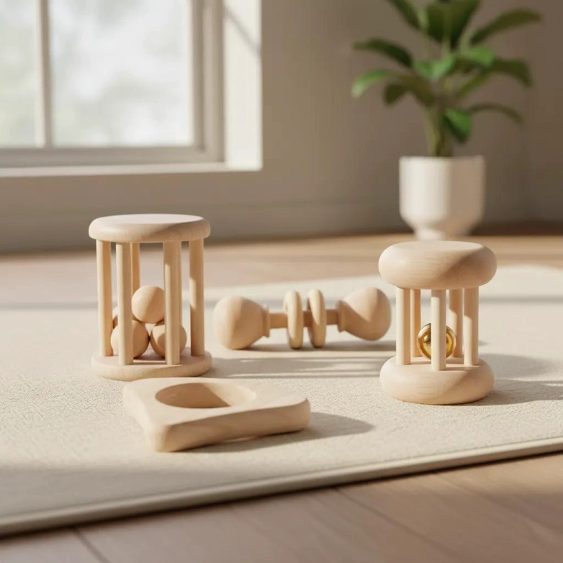 PACK DE SONAJEROS DE MADERA PARA BEBE S MONTESSORI 4 PIEZAS - 1