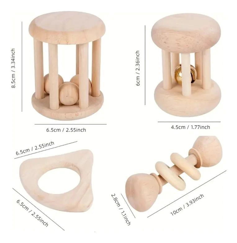 PACK DE SONAJEROS DE MADERA PARA BEBE S MONTESSORI 4 PIEZAS - 6