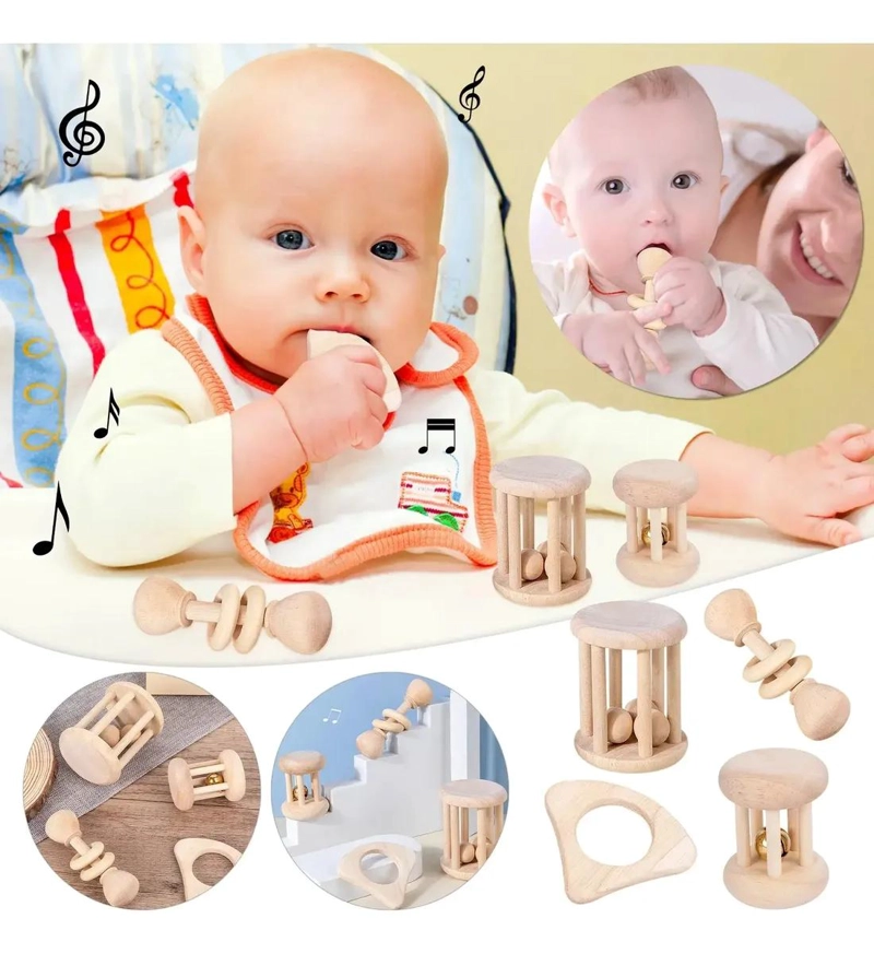 PACK DE SONAJEROS DE MADERA PARA BEBE S MONTESSORI 4 PIEZAS - 7