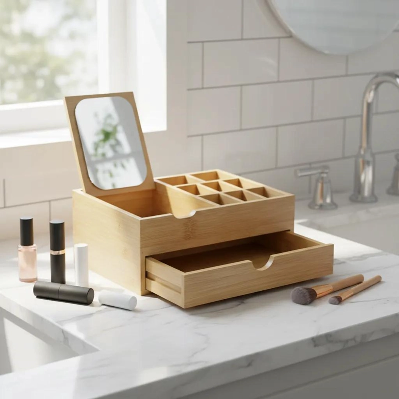 ORGANIZADOR DE MAQUILLAJE DE BAMBU CON ESPEJO INTEGRADO - 1