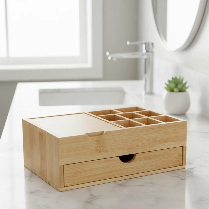 ORGANIZADOR DE MAQUILLAJE DE BAMBU CON ESPEJO INTEGRADO - 2