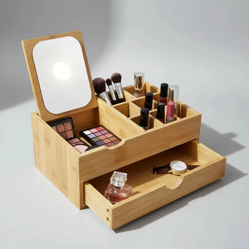 ORGANIZADOR DE MAQUILLAJE DE BAMBU CON ESPEJO INTEGRADO - 3