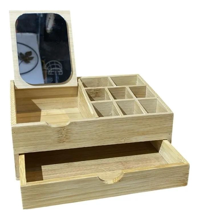 ORGANIZADOR DE MAQUILLAJE DE BAMBU CON ESPEJO INTEGRADO - 5