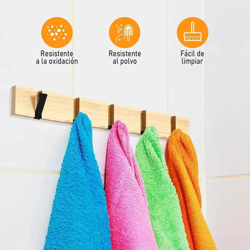 PERCHERO DE PARED DE BAMBU CON 5 GANCHOS PLEGABLES - 3