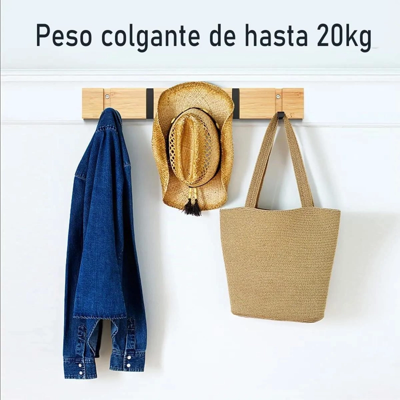 PERCHERO DE PARED DE BAMBU CON 5 GANCHOS PLEGABLES - 6