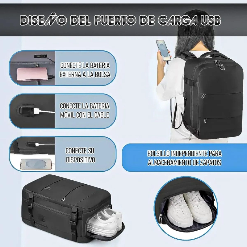 MOCHILA DE VIAJE IMPERMEABLE CON PUERTO USB Y COMPARTIMENTOS - 6