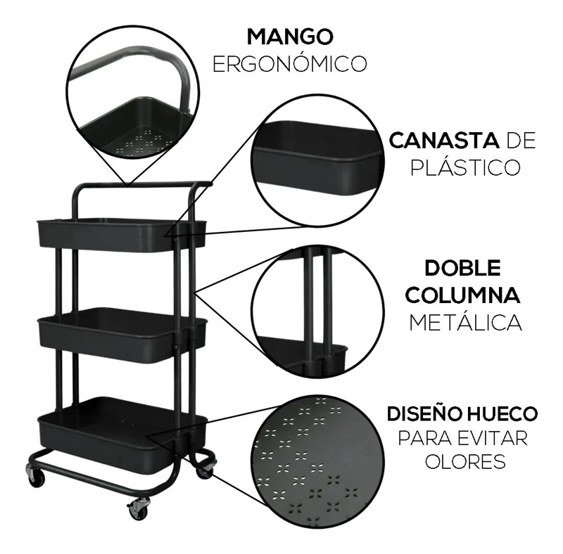 CARRITO ORGANIZADOR METALICO CON RUEDAS Y 3 ESTANTES - 7
