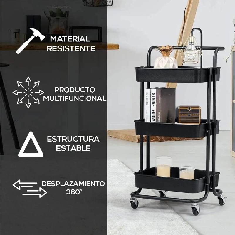 CARRITO ORGANIZADOR METALICO CON RUEDAS Y 3 ESTANTES - 9
