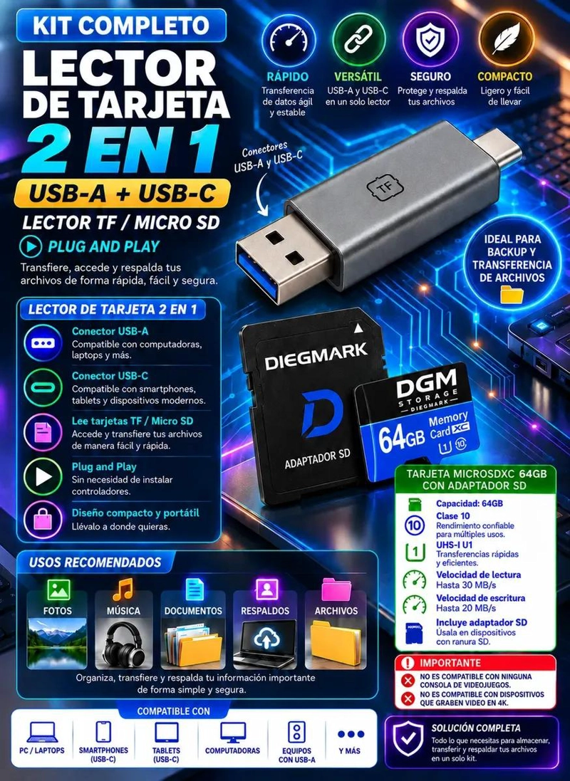 KIT LECTOR DE TARJETAS 2 EN 1 Y MICROSDXC 64GB - 2