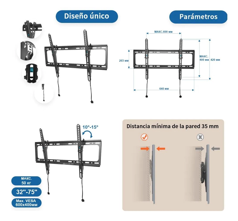 SOPORTE INCLINABLE PARA TV DE 32 A 75 PULGADAS CON HDMI - 2