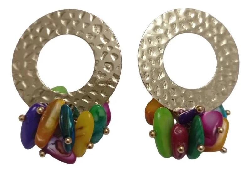 AROS CON BAÑO DE PLATA Y PIEDRAS CHIPS DE COLORES EN BASE REDONDA - 2