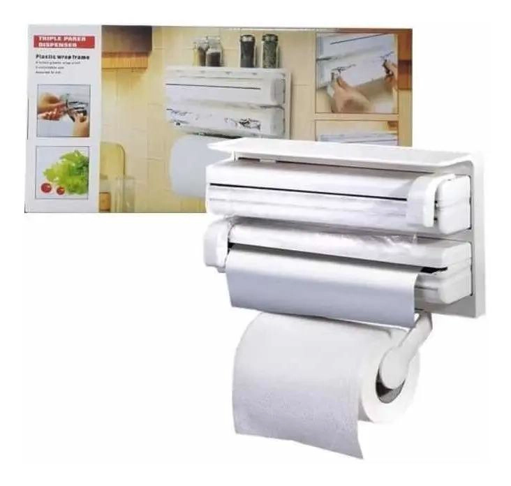 DISPENSADOR TRIPLE PARA ROLLO DE TOALLA Y FILM DE COCINA - 1