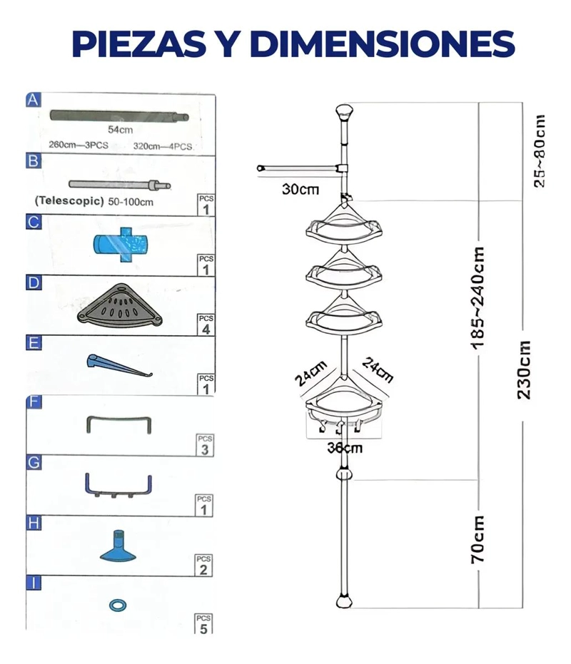 ESQUINERO DE DUCHA AJUSTABLE DE ACERO INOXIDABLE CON 4 NIVELES - 5