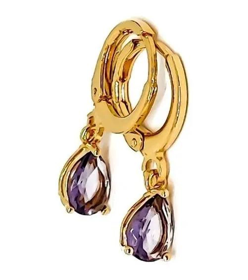 AROS DE ARGOLLA GOTA CON CIRCON MORADO ENCHAPADOS EN ORO 18K - 2
