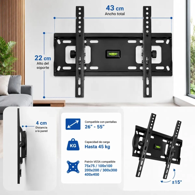 SOPORTE DE PARED FIJO UNIVERSAL PARA TELEVISORES DE 23 A 65 PULGADAS - 2