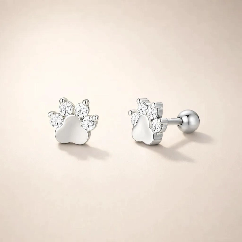 AROS DE PLATA 925 CON TOPE PARA NIÑA DISEÑO PATITA DE PERRO - 1