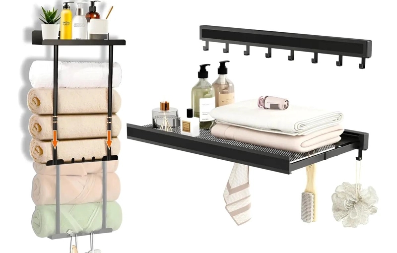 ESTANTE AJUSTABLE DE BAÑO CON SOPORTE PLEGABLE PARA TOALLAS - 1