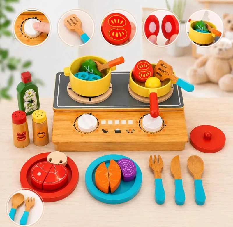 COCINA INFANTIL DE MADERA CON ACCESORIOS Y VEGETALES - 6