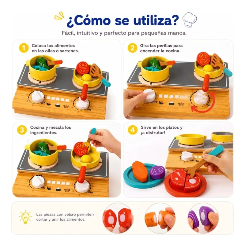 COCINA INFANTIL DE MADERA CON ACCESORIOS Y VEGETALES - 7