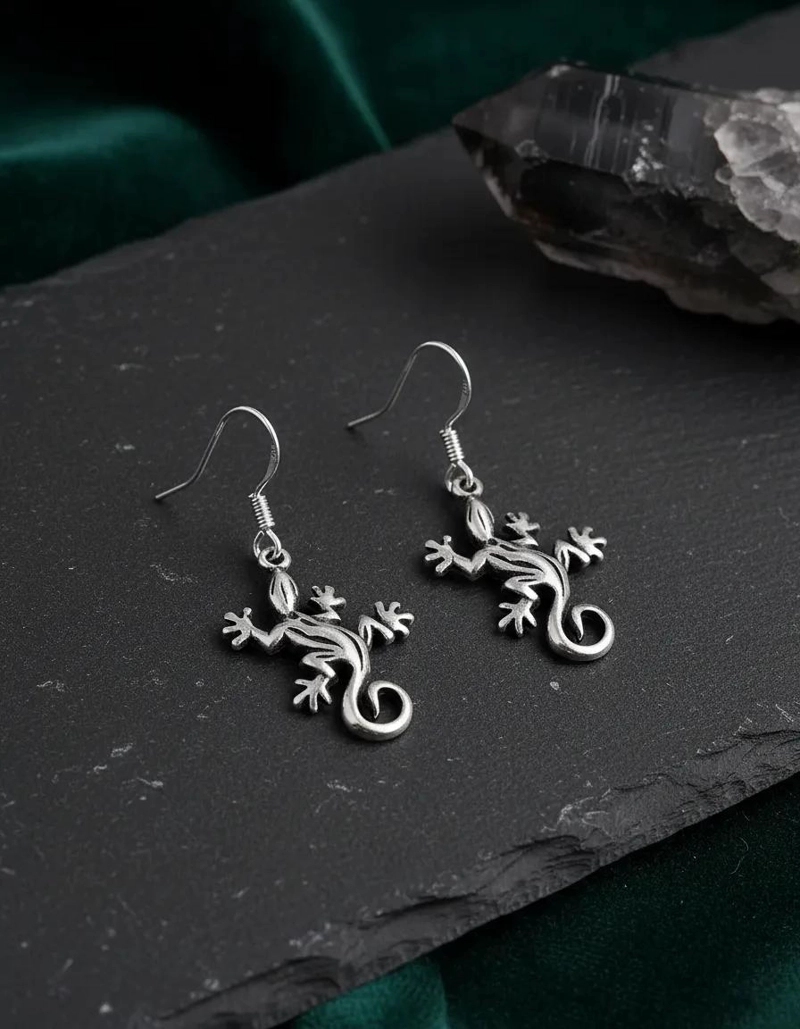 AROS DE PLATA 925 CON DISEÑO DE LAGARTO DE SUERTE - 2