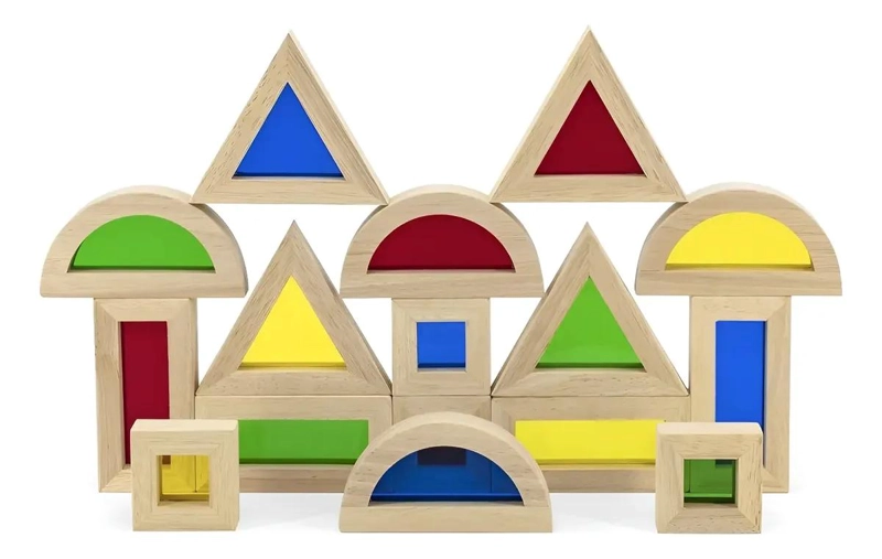 BLOQUES DE MADERA PARA CONSTRUCCION CON VENTANAS DE COLORES 16 PIEZAS - 1