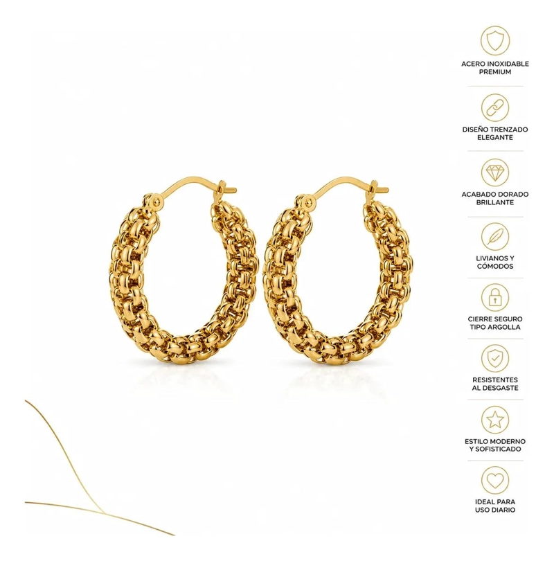 AROS DORADOS DE ACERO INOXIDABLE CON DISEÑO TRENZADO - 2