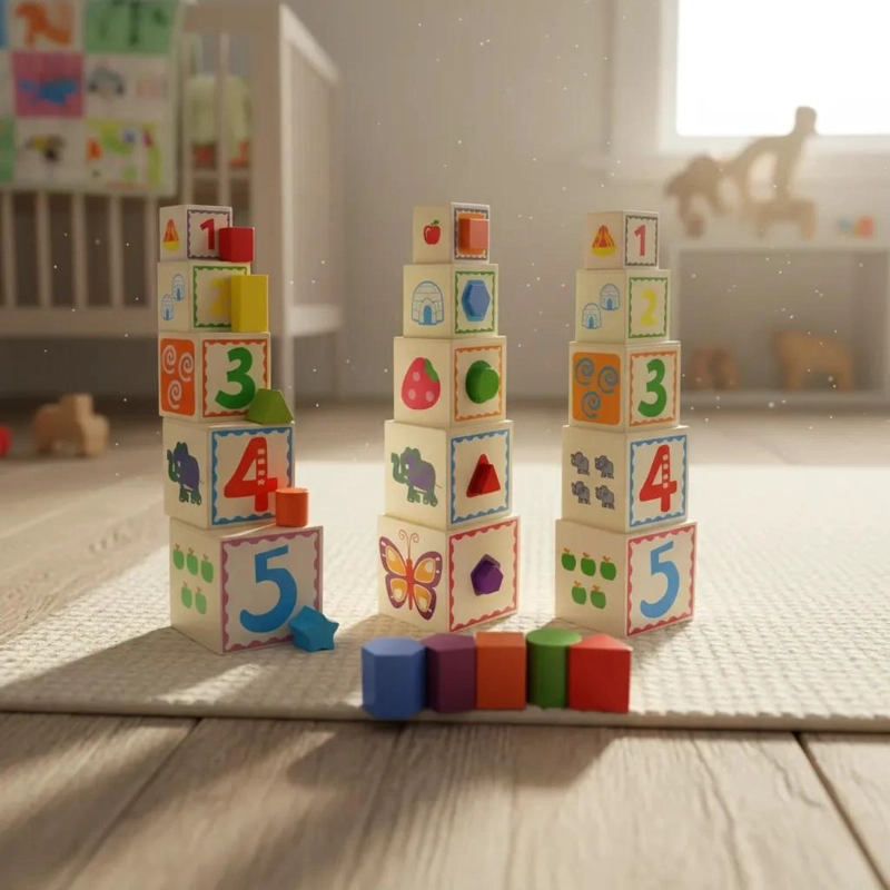 TORRE DE CUBOS APILABLES DE MADERA PARA APRENDIZAJE INFANTIL - 2