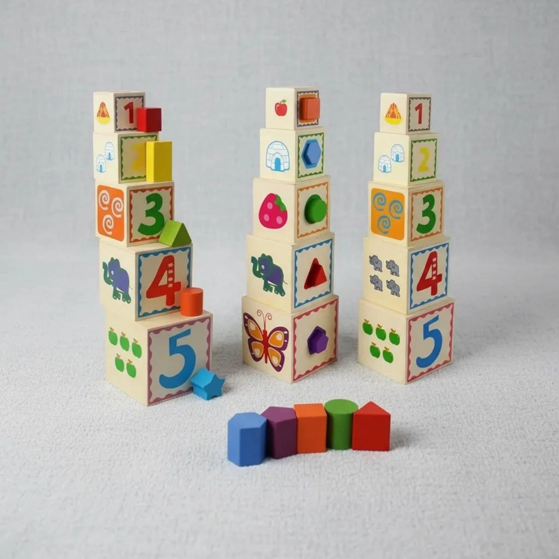 TORRE DE CUBOS APILABLES DE MADERA PARA APRENDIZAJE INFANTIL - 3