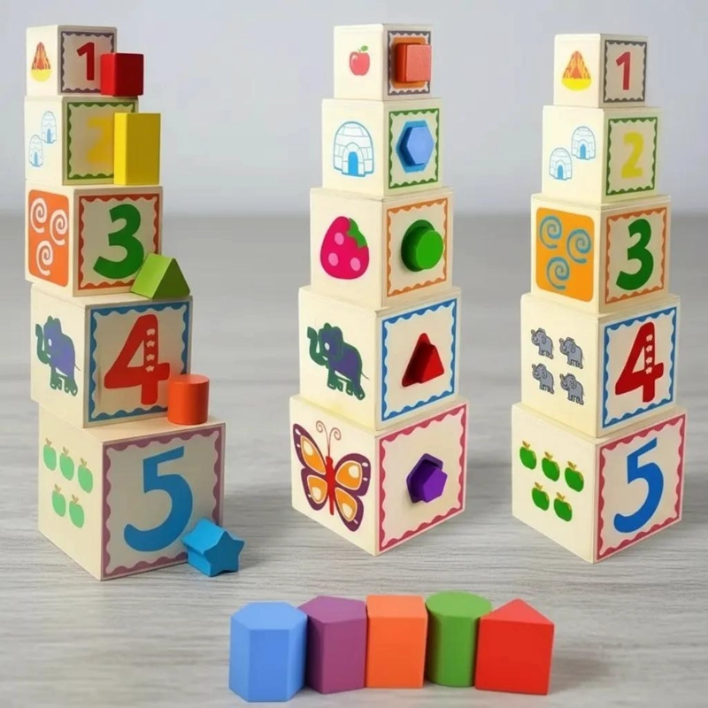TORRE DE CUBOS APILABLES DE MADERA PARA APRENDIZAJE INFANTIL - 4