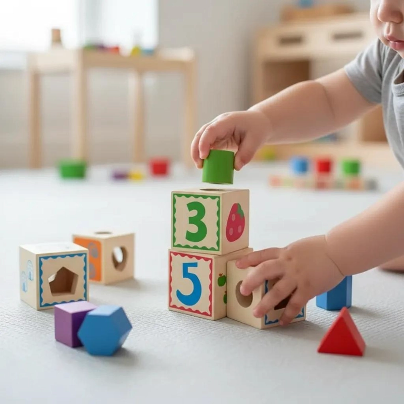 TORRE DE CUBOS APILABLES DE MADERA PARA APRENDIZAJE INFANTIL - 5