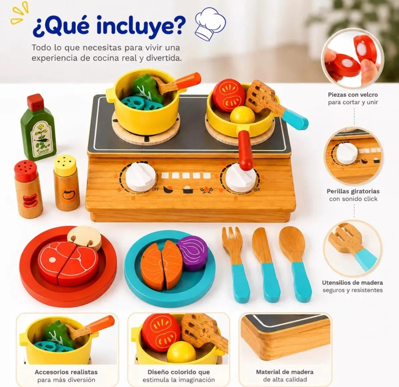 COCINA INFANTIL DE MADERA CON ACCESORIOS PARA JUGAR - 5