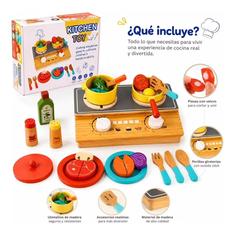 COCINA INFANTIL DE MADERA CON ACCESORIOS PARA JUGAR - 7