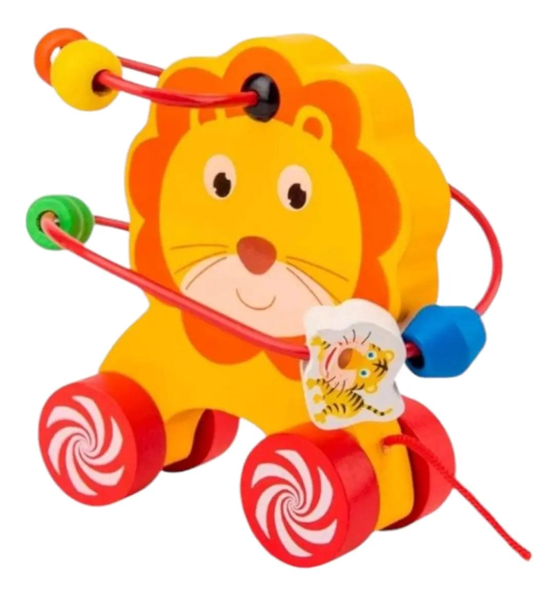 CARRITO DE ARRASTRE JUGUETE DE MADERA CON DISEÑO DE LEON - 1