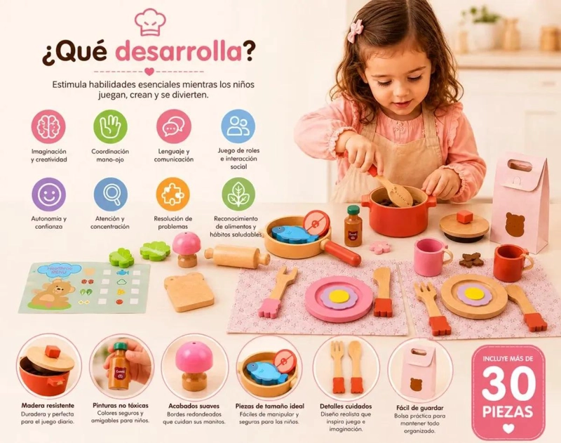 SET INFANTIL DE MADERA 30 PIEZAS PARA COCINAR Y SERVIR - 7