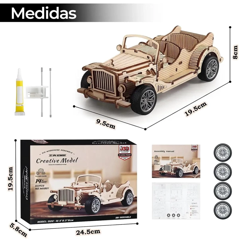 PUZZLE 3D AUTO RETRO DE MADERA CON MOTOR PULL BACK - 2